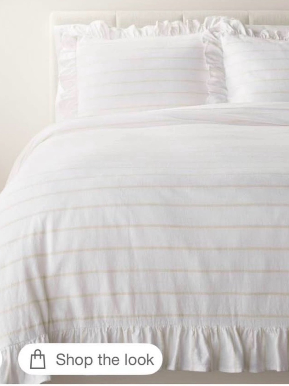 Studio McGee White Duvet Cover with Subtle Tan Stripe and Ruffle Edge